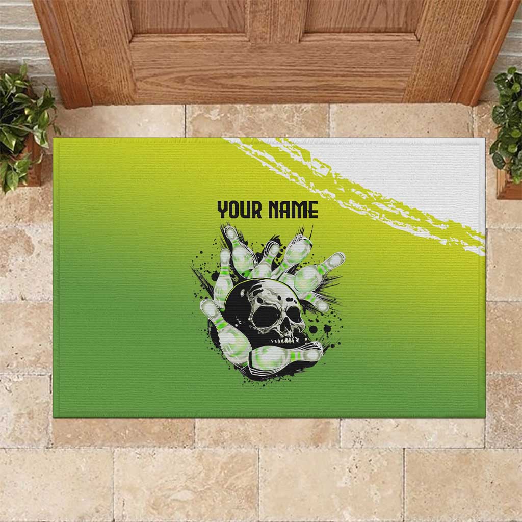 Personalized Skull Bowling Rubber Doormat with Neon Green Strike Design - Edgy Bowler Style - Wonder Print Shop