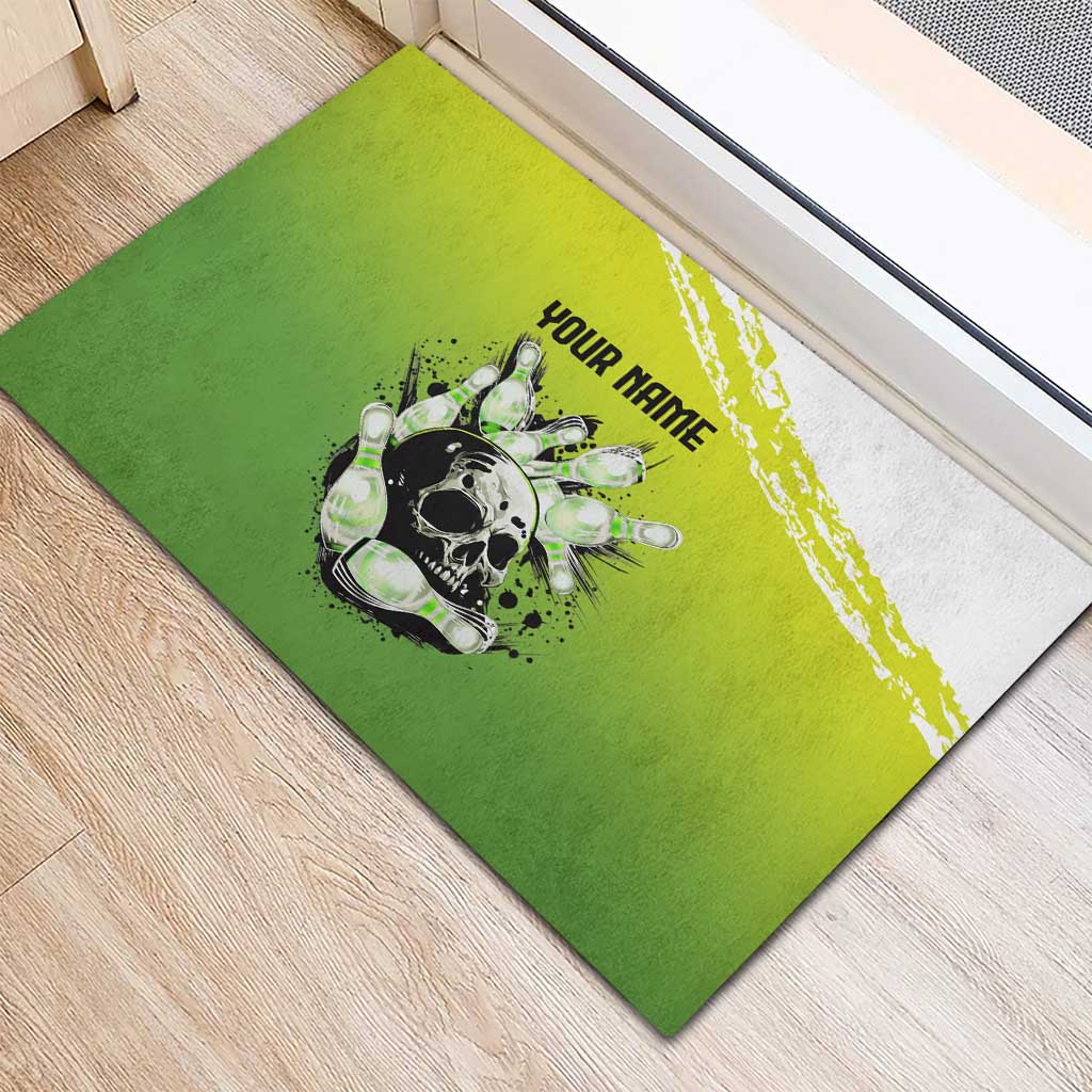 Personalized Skull Bowling Rubber Doormat with Neon Green Strike Design - Edgy Bowler Style - Wonder Print Shop