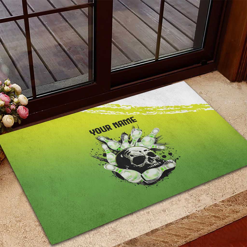 Personalized Skull Bowling Rubber Doormat with Neon Green Strike Design - Edgy Bowler Style - Wonder Print Shop