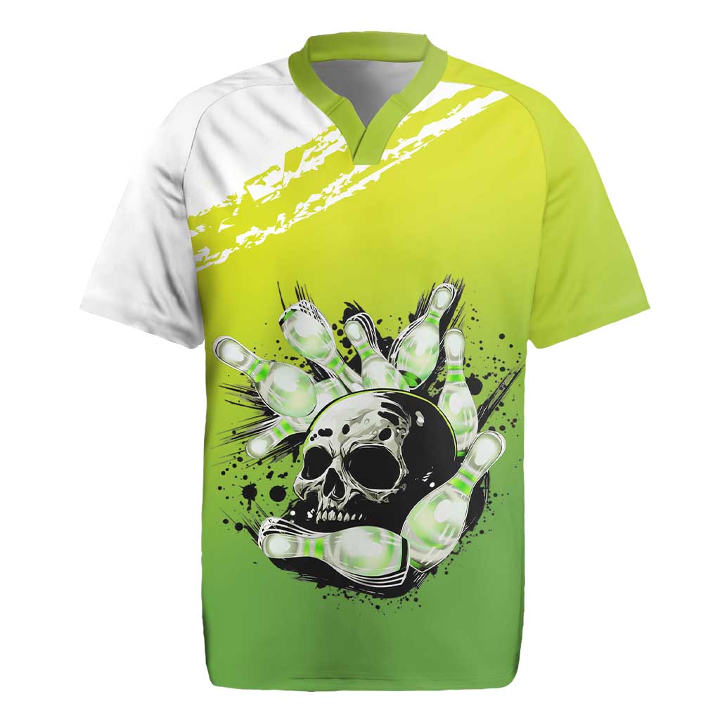 Personalized Skull Bowling Rugby Jersey with Neon Green Strike Design - Edgy Bowler Style - Wonder Print Shop