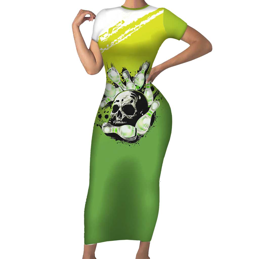 Personalized Skull Bowling Short Sleeve Bodycon Dress with Neon Green Strike Design - Edgy Bowler Style - Wonder Print Shop