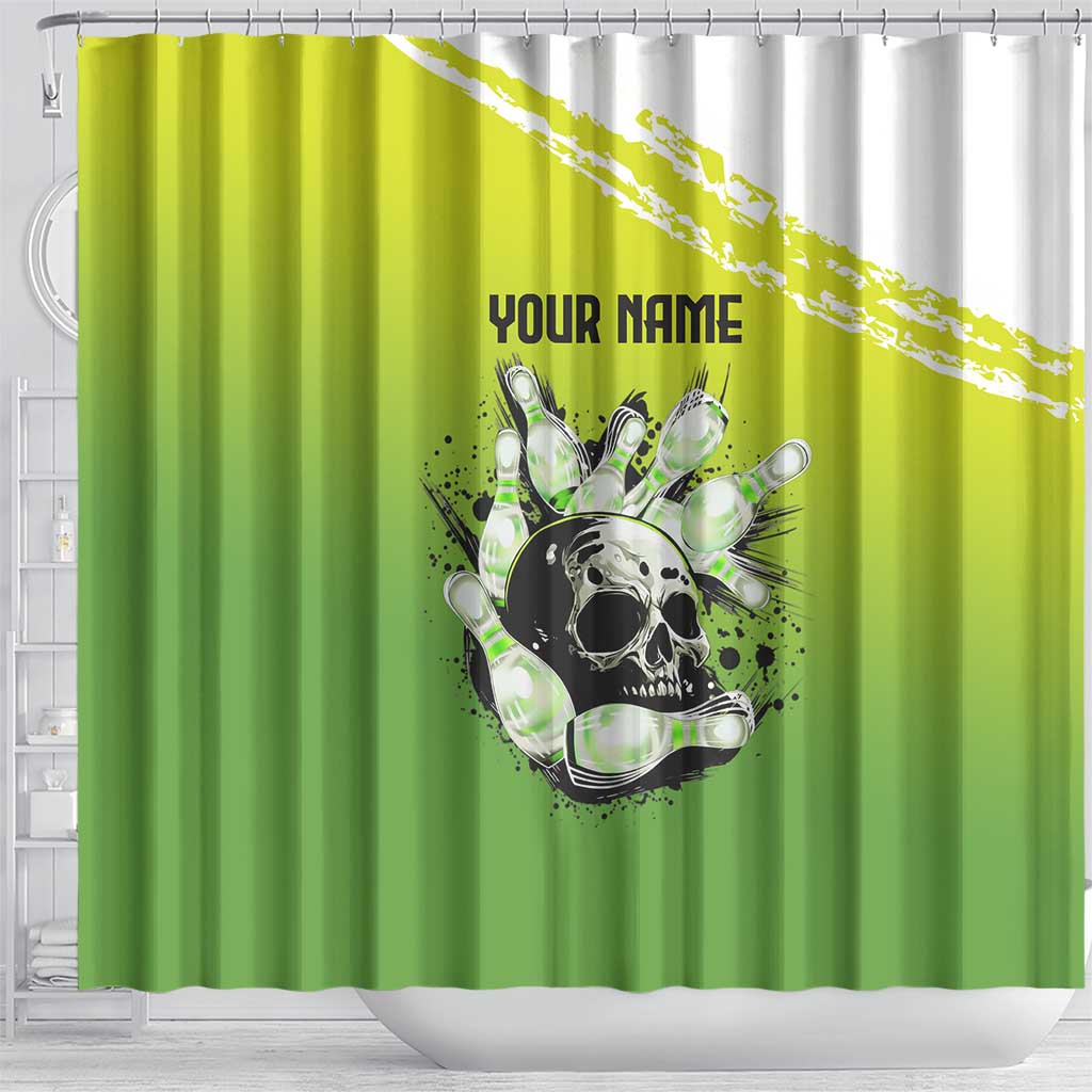 Personalized Skull Bowling Shower Curtain with Neon Green Strike Design - Edgy Bowler Style - Wonder Print Shop