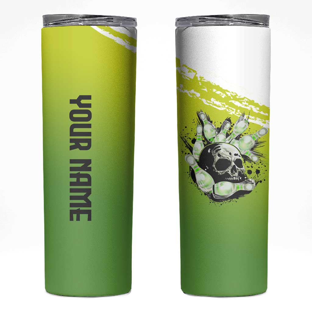 Personalized Skull Bowling Skinny Tumbler with Neon Green Strike Design - Edgy Bowler Style - Wonder Print Shop