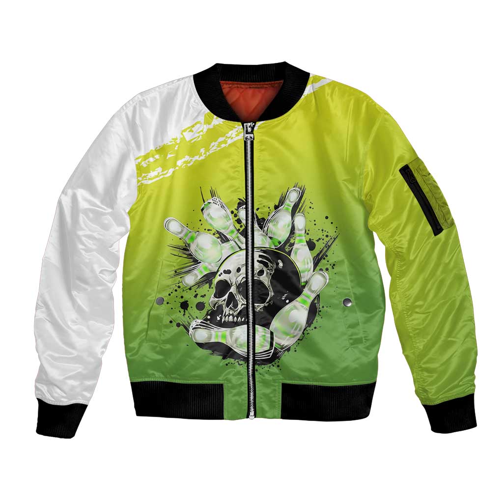 Personalized Skull Bowling Sleeve Zip Bomber Jacket with Neon Green Strike Design - Edgy Bowler Style - Wonder Print Shop