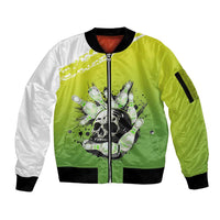 Personalized Skull Bowling Sleeve Zip Bomber Jacket with Neon Green Strike Design - Edgy Bowler Style - Wonder Print Shop