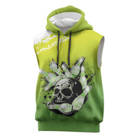 Personalized Skull Bowling Sleeveless Hoodie with Neon Green Strike Design - Edgy Bowler Style - Wonder Print Shop