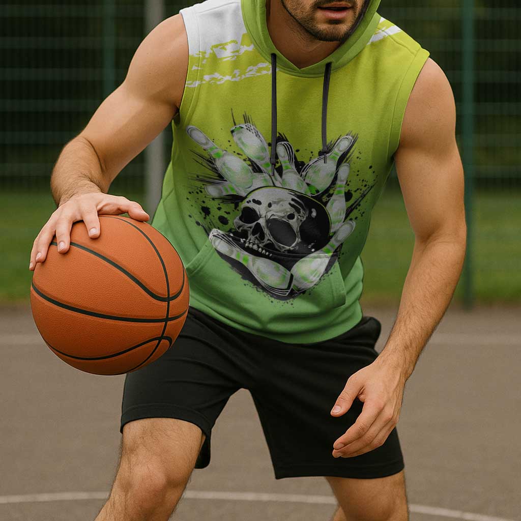 Personalized Skull Bowling Sleeveless Hoodie with Neon Green Strike Design - Edgy Bowler Style - Wonder Print Shop