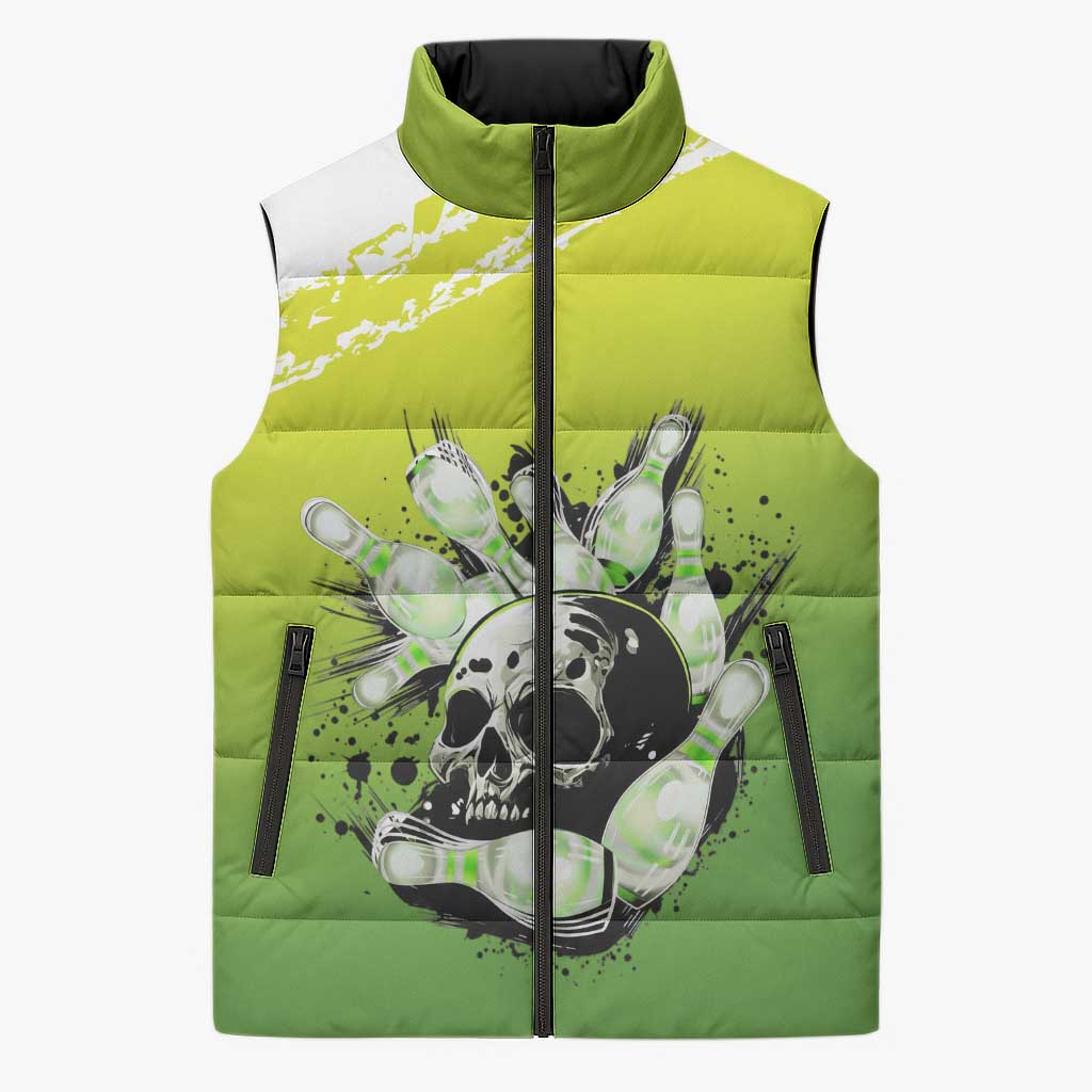 Personalized Skull Bowling Sleeveless Puffer Jacket with Neon Green Strike Design - Edgy Bowler Style - Wonder Print Shop