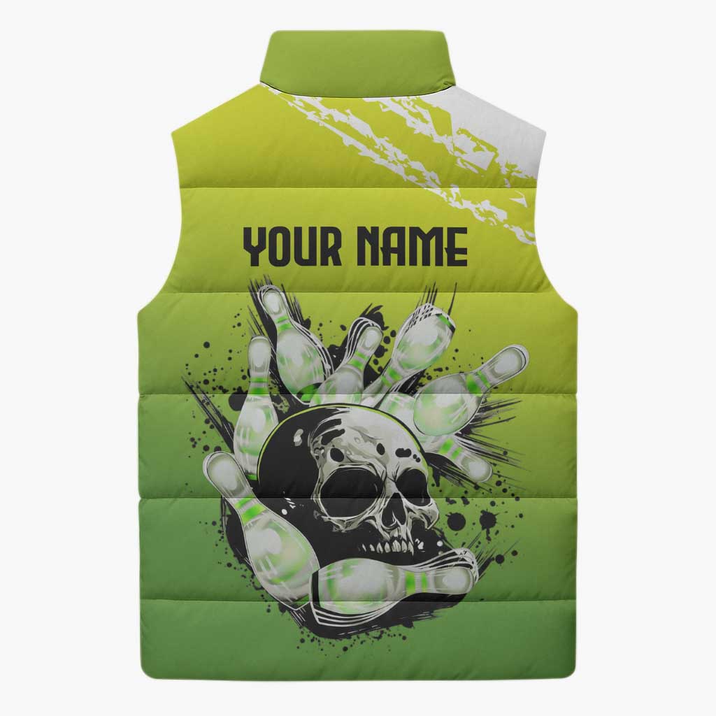 Personalized Skull Bowling Sleeveless Puffer Jacket with Neon Green Strike Design - Edgy Bowler Style - Wonder Print Shop