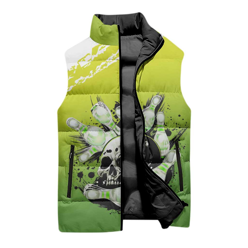Personalized Skull Bowling Sleeveless Puffer Jacket with Neon Green Strike Design - Edgy Bowler Style - Wonder Print Shop