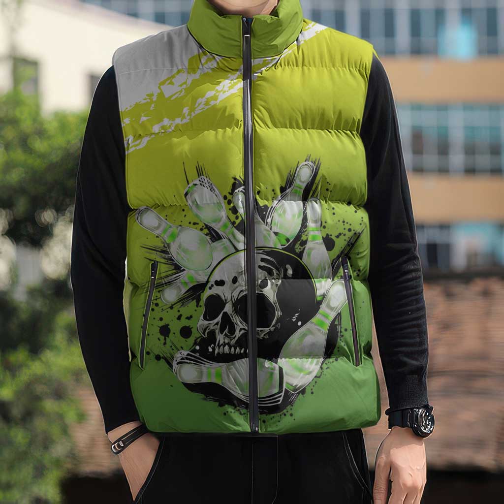Personalized Skull Bowling Sleeveless Puffer Jacket with Neon Green Strike Design - Edgy Bowler Style - Wonder Print Shop
