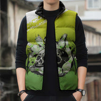 Personalized Skull Bowling Sleeveless Puffer Jacket with Neon Green Strike Design - Edgy Bowler Style - Wonder Print Shop