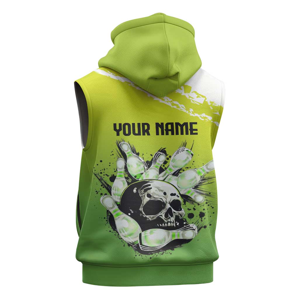Personalized Skull Bowling Sleeveless Zip Hoodie with Neon Green Strike Design - Edgy Bowler Style - Wonder Print Shop