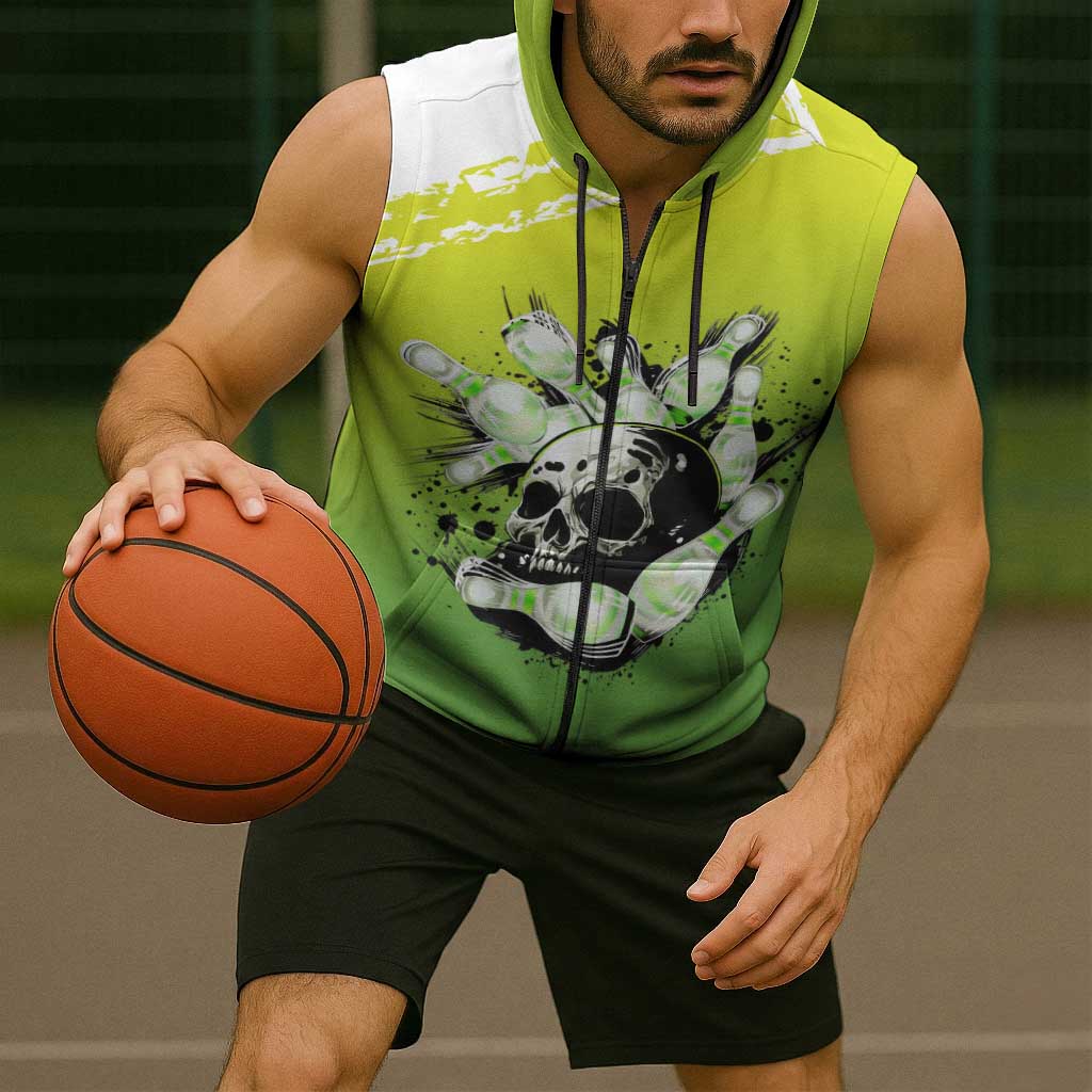 Personalized Skull Bowling Sleeveless Zip Hoodie with Neon Green Strike Design - Edgy Bowler Style - Wonder Print Shop