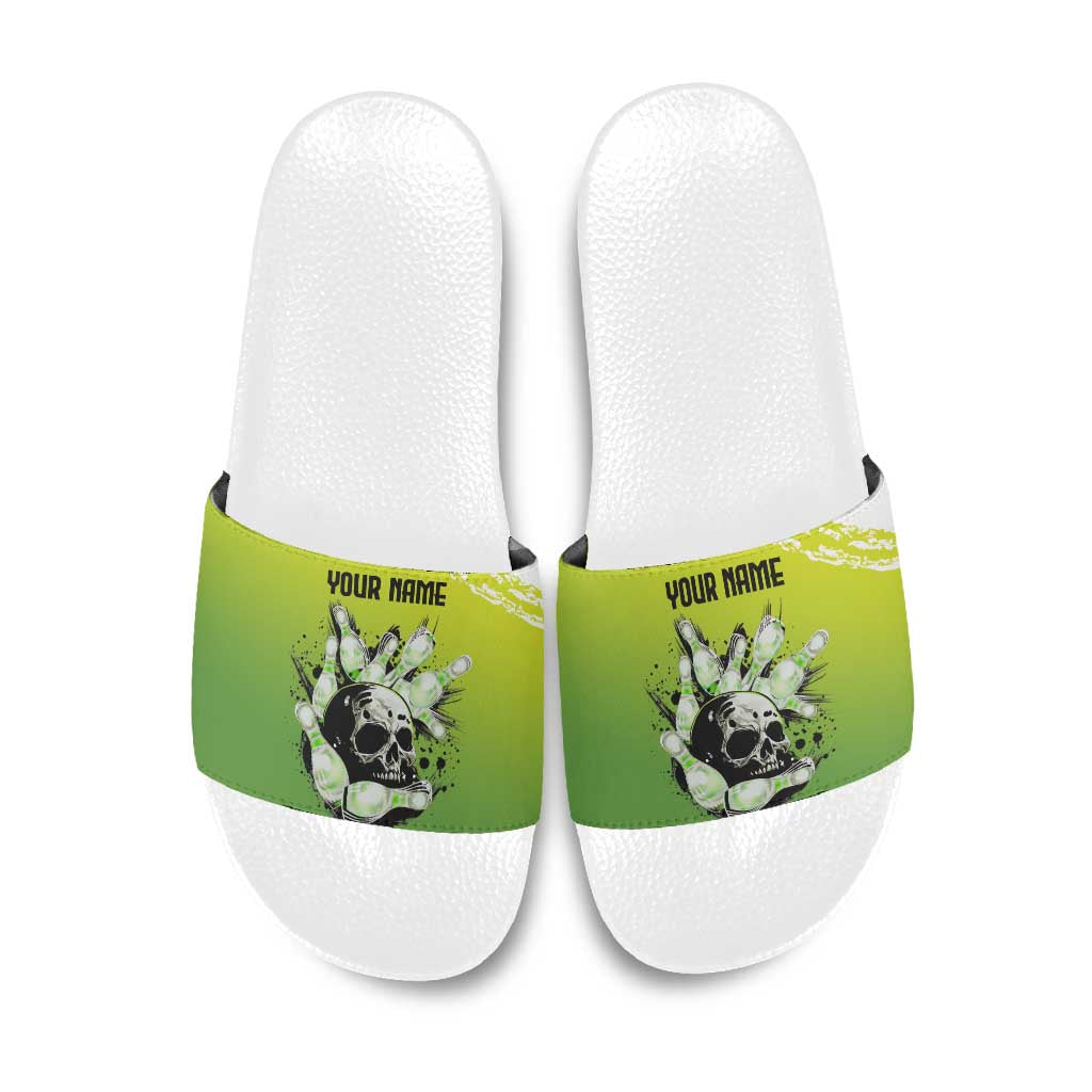 Personalized Skull Bowling Slide Sandals with Neon Green Strike Design - Edgy Bowler Style - Wonder Print Shop
