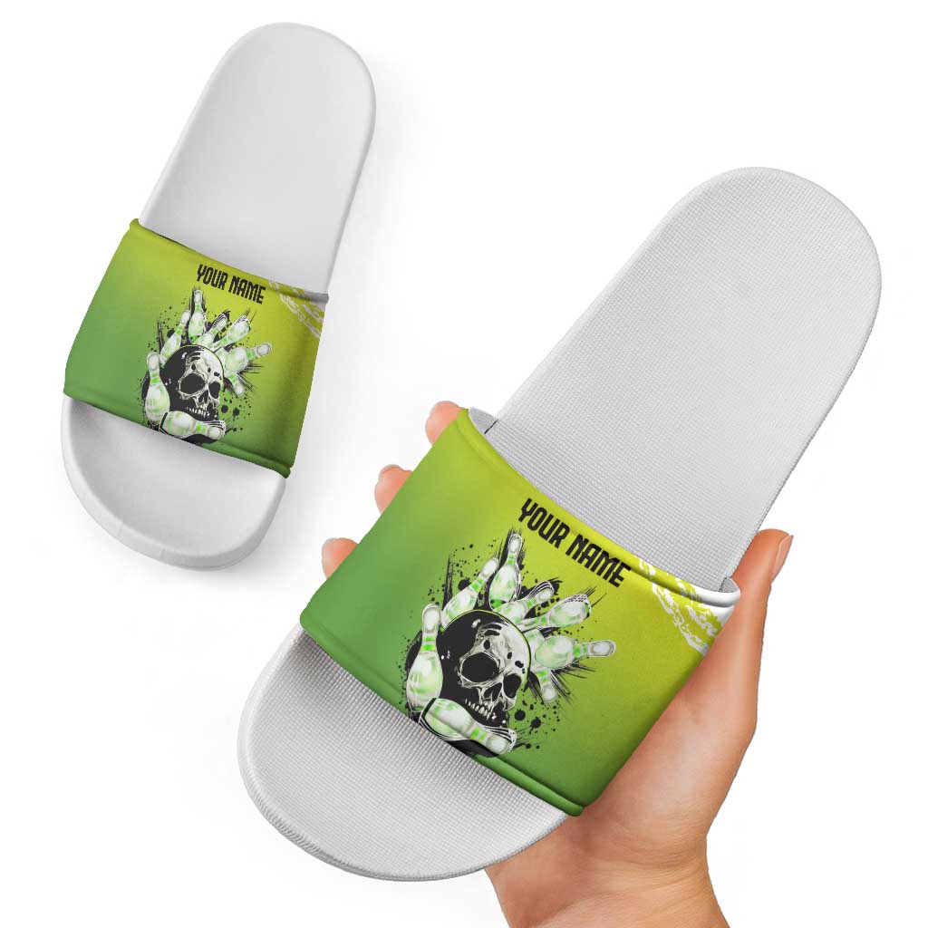 Personalized Skull Bowling Slide Sandals with Neon Green Strike Design - Edgy Bowler Style - Wonder Print Shop