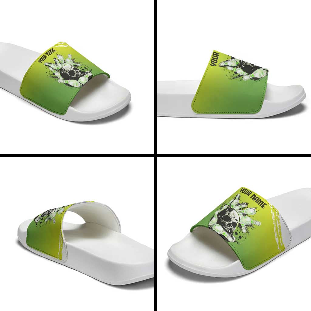 Personalized Skull Bowling Slide Sandals with Neon Green Strike Design - Edgy Bowler Style - Wonder Print Shop