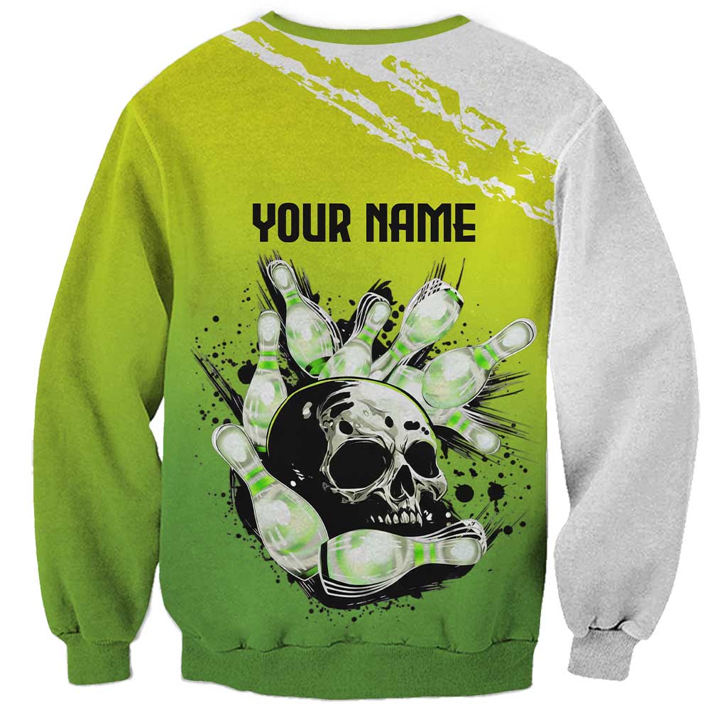 Personalized Skull Bowling Sweatshirt with Neon Green Strike Design - Edgy Bowler Style - Wonder Print Shop