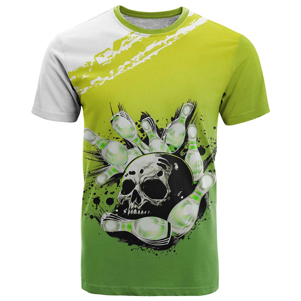 Personalized Skull Bowling T Shirt with Neon Green Strike Design - Edgy Bowler Style - Wonder Print Shop