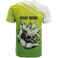 Personalized Skull Bowling T Shirt with Neon Green Strike Design - Edgy Bowler Style - Wonder Print Shop