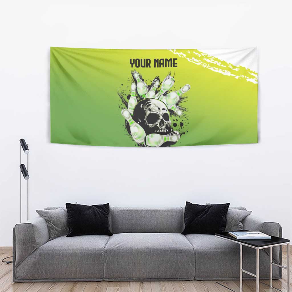 Personalized Skull Bowling Tapestry with Neon Green Strike Design - Edgy Bowler Style - Wonder Print Shop