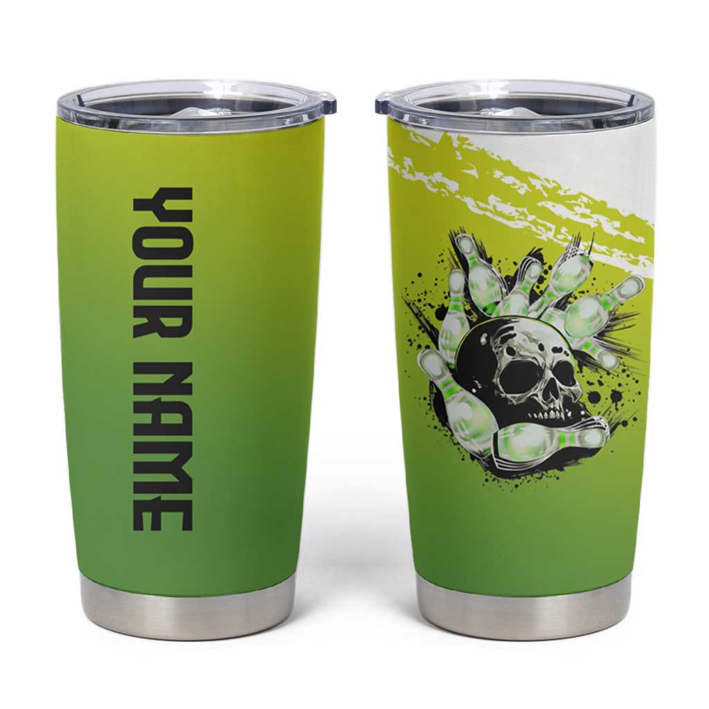 Personalized Skull Bowling Tumbler Cup with Neon Green Strike Design - Edgy Bowler Style - Wonder Print Shop