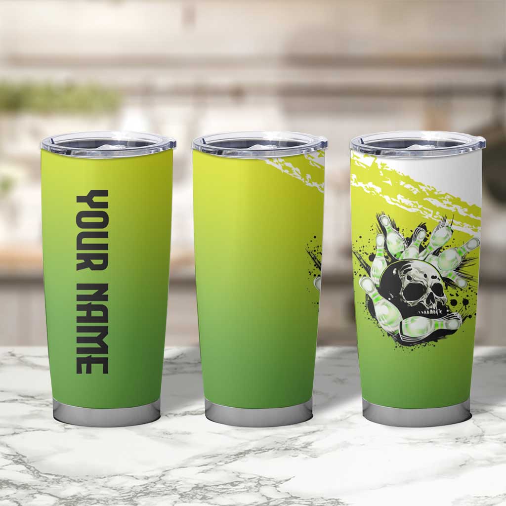 Personalized Skull Bowling Tumbler Cup with Neon Green Strike Design - Edgy Bowler Style - Wonder Print Shop