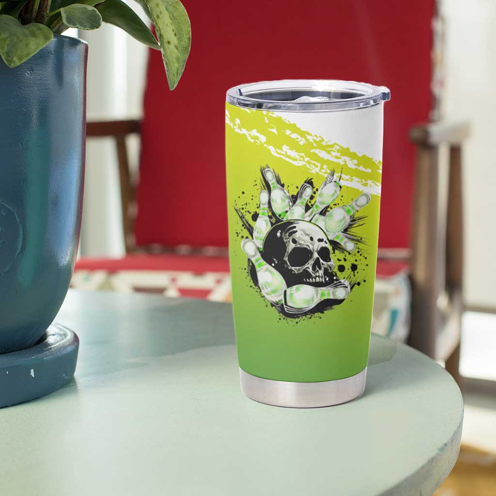 Personalized Skull Bowling Tumbler Cup with Neon Green Strike Design - Edgy Bowler Style - Wonder Print Shop