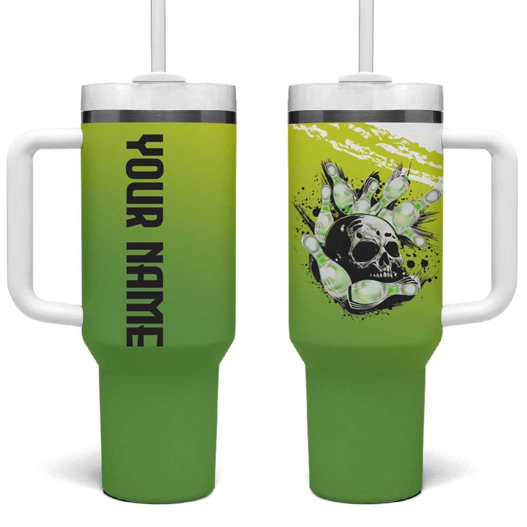Personalized Skull Bowling Tumbler With Handle with Neon Green Strike Design - Edgy Bowler Style - Wonder Print Shop