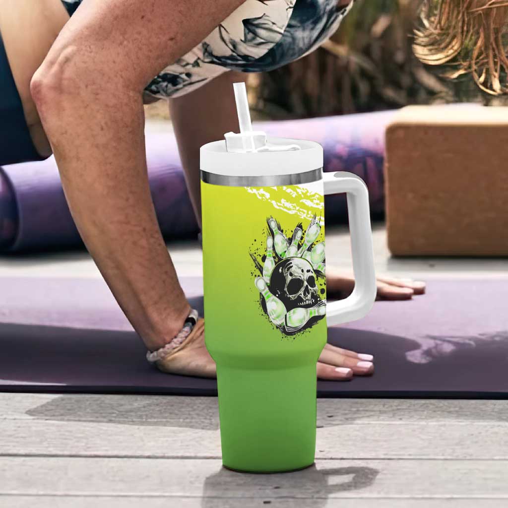 Personalized Skull Bowling Tumbler With Handle with Neon Green Strike Design - Edgy Bowler Style - Wonder Print Shop