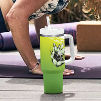 Personalized Skull Bowling Tumbler With Handle with Neon Green Strike Design - Edgy Bowler Style - Wonder Print Shop