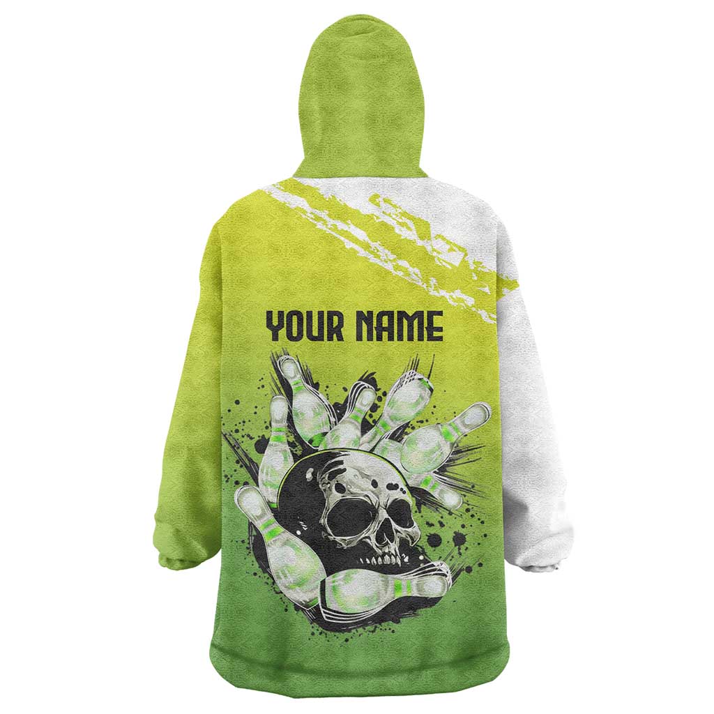 Personalized Skull Bowling Wearable Blanket Hoodie with Neon Green Strike Design - Edgy Bowler Style - Wonder Print Shop