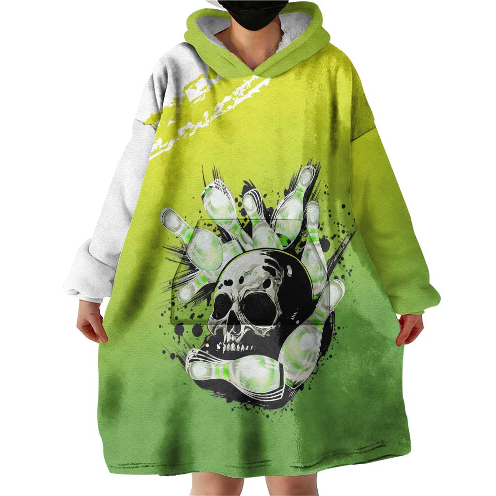 Personalized Skull Bowling Wearable Blanket Hoodie with Neon Green Strike Design - Edgy Bowler Style - Wonder Print Shop