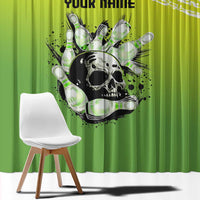 Personalized Skull Bowling Window Curtain with Neon Green Strike Design - Edgy Bowler Style - Wonder Print Shop