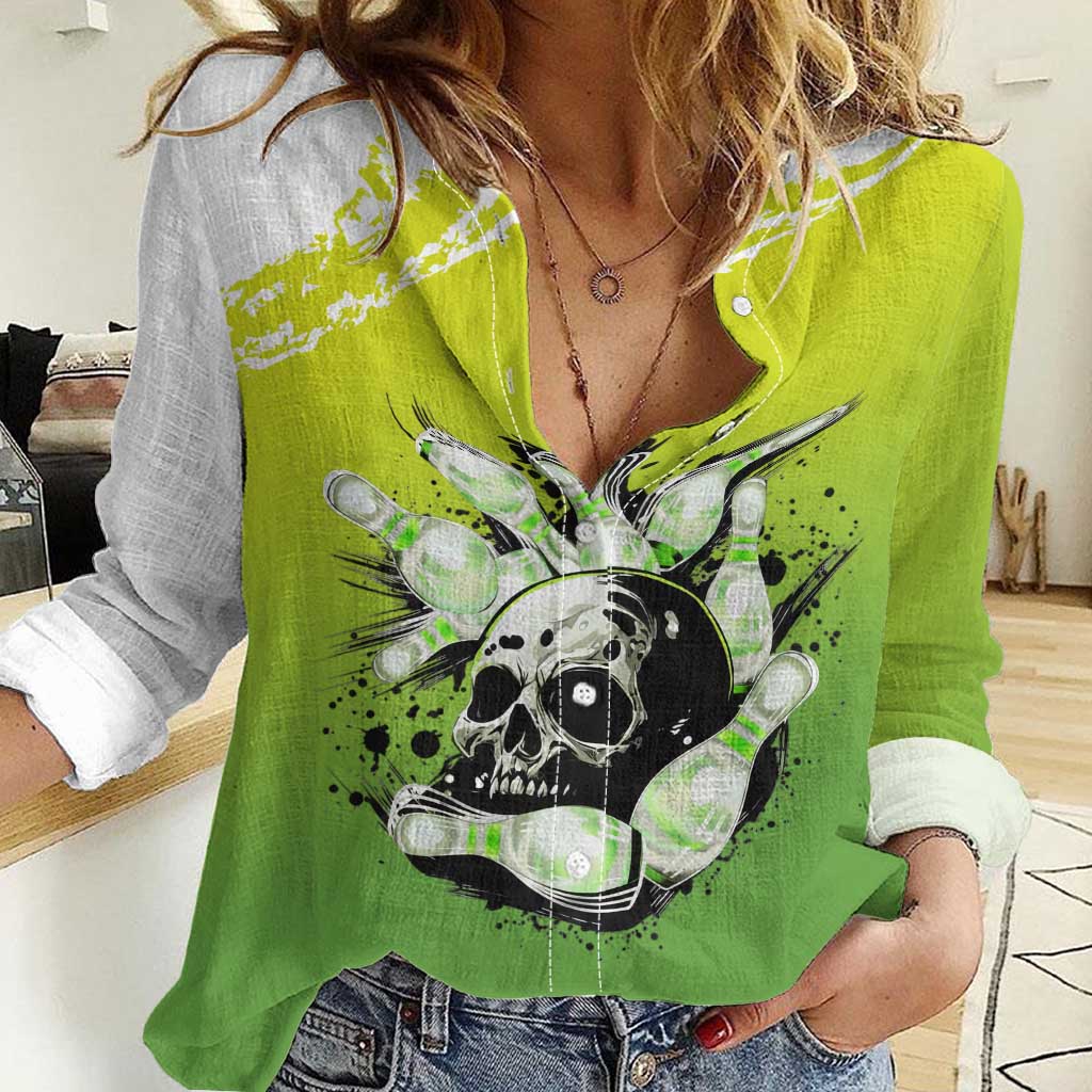 Personalized Skull Bowling Women Casual Shirt with Neon Green Strike Design - Edgy Bowler Style - Wonder Print Shop