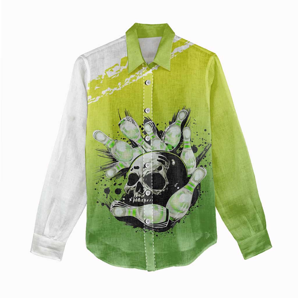 Personalized Skull Bowling Women Casual Shirt with Neon Green Strike Design - Edgy Bowler Style - Wonder Print Shop