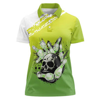 Personalized Skull Bowling Women Polo Shirt with Neon Green Strike Design - Edgy Bowler Style - Wonder Print Shop