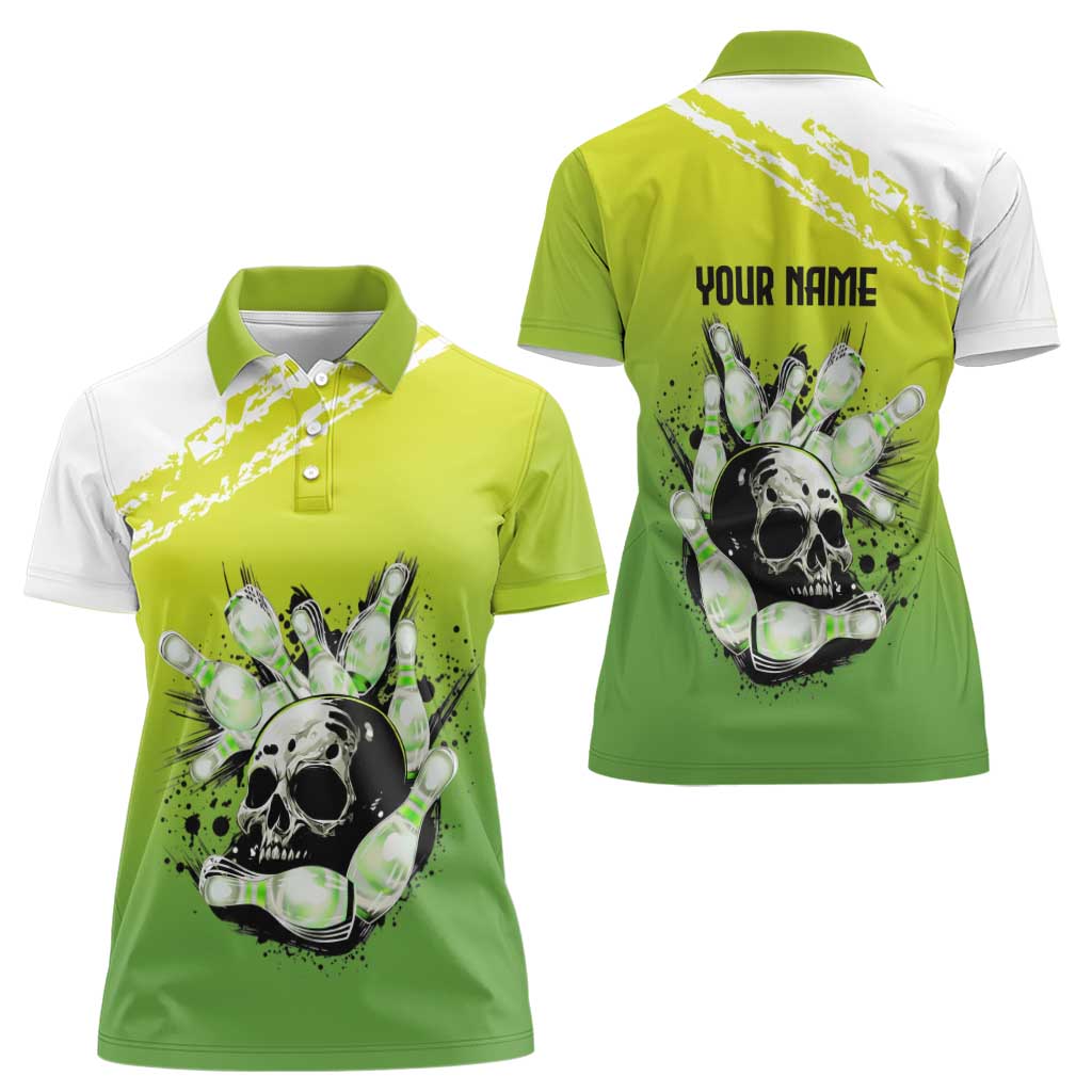 Personalized Skull Bowling Women Polo Shirt with Neon Green Strike Design - Edgy Bowler Style - Wonder Print Shop