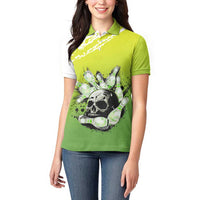 Personalized Skull Bowling Women Polo Shirt with Neon Green Strike Design - Edgy Bowler Style - Wonder Print Shop