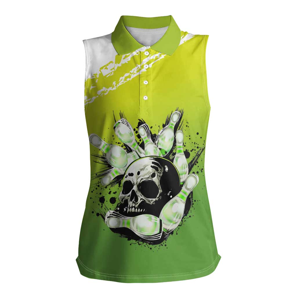 Personalized Skull Bowling Women Sleeveless Polo Shirt with Neon Green Strike Design - Edgy Bowler Style - Wonder Print Shop