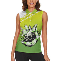 Personalized Skull Bowling Women Sleeveless Polo Shirt with Neon Green Strike Design - Edgy Bowler Style - Wonder Print Shop