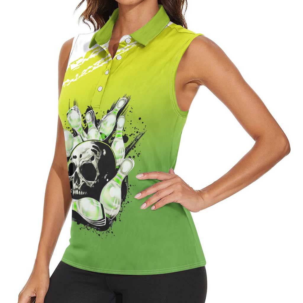 Personalized Skull Bowling Women Sleeveless Polo Shirt with Neon Green Strike Design - Edgy Bowler Style - Wonder Print Shop