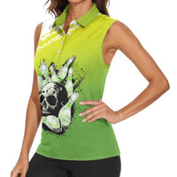 Personalized Skull Bowling Women Sleeveless Polo Shirt with Neon Green Strike Design - Edgy Bowler Style - Wonder Print Shop