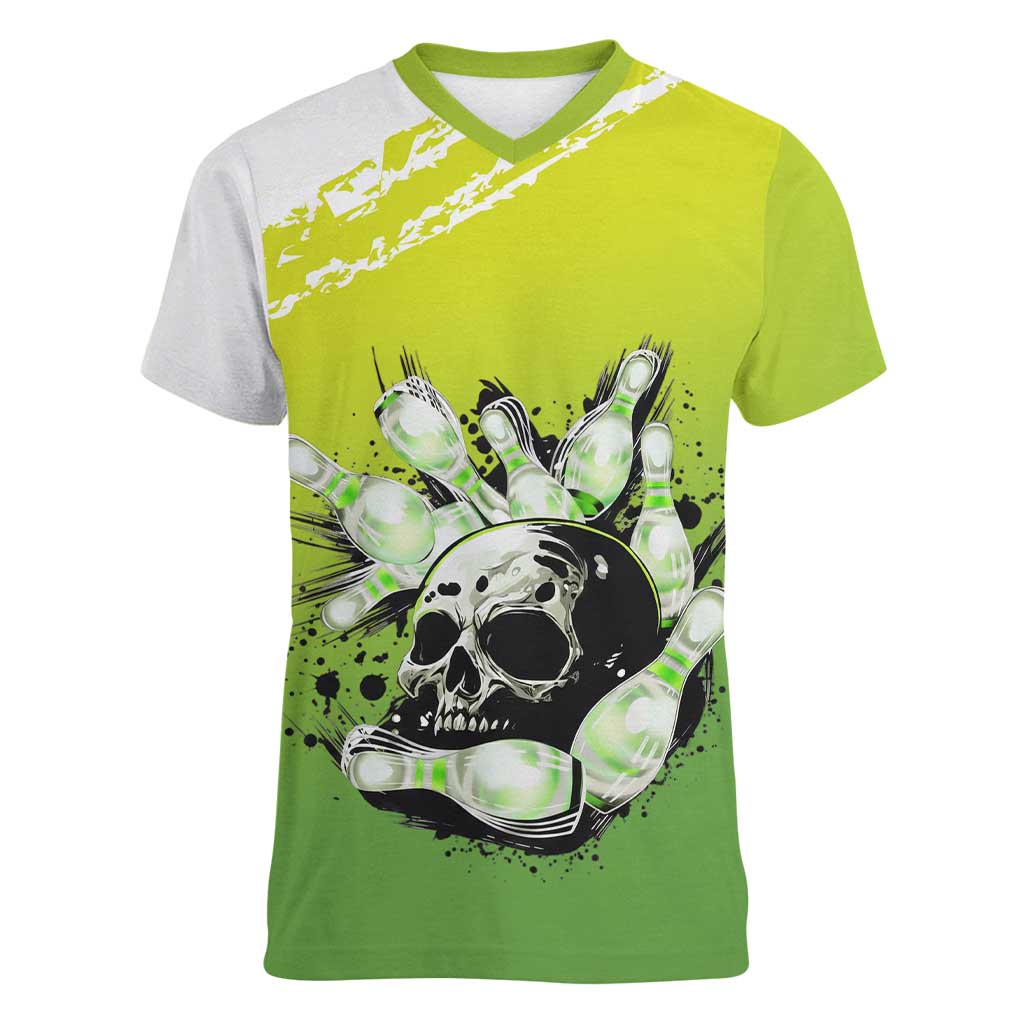 Personalized Skull Bowling Women V-Neck T-Shirt with Neon Green Strike Design - Edgy Bowler Style - Wonder Print Shop