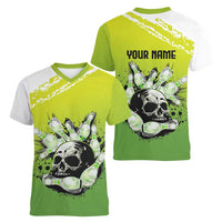 Personalized Skull Bowling Women V-Neck T-Shirt with Neon Green Strike Design - Edgy Bowler Style - Wonder Print Shop