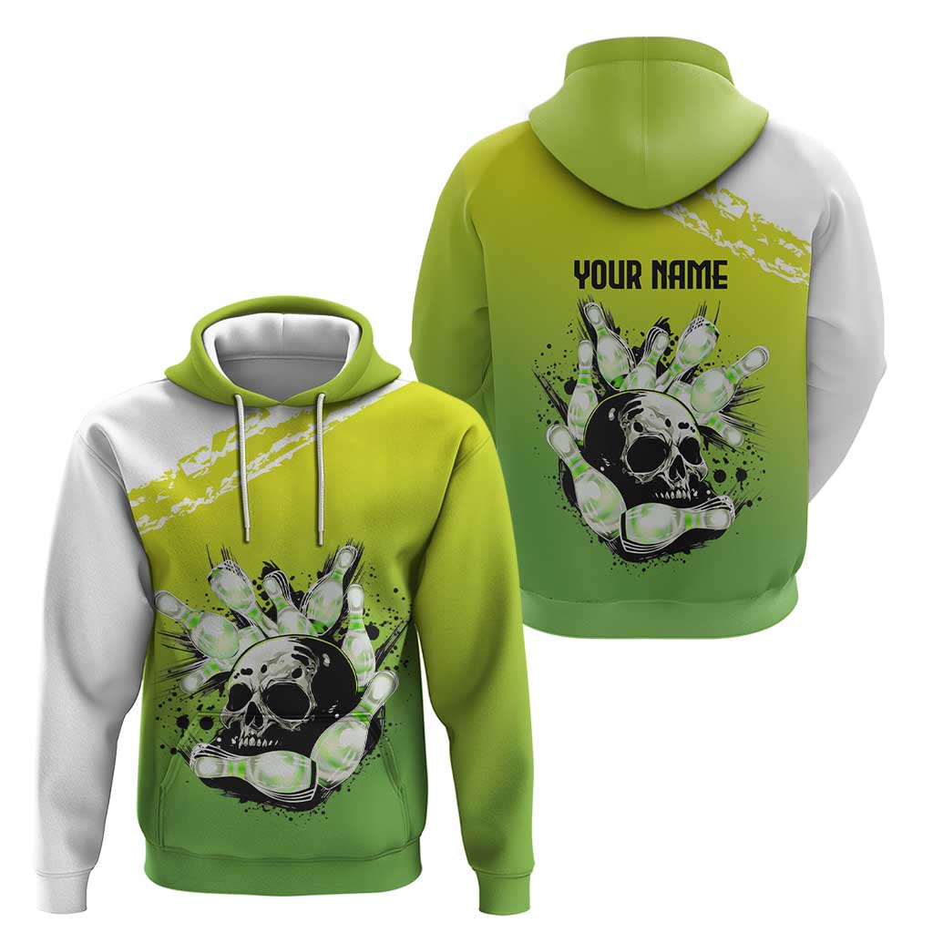 Personalized Skull Bowling Zip Hoodie with Neon Green Strike Design - Edgy Bowler Style - Wonder Print Shop