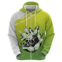 Personalized Skull Bowling Zip Hoodie with Neon Green Strike Design - Edgy Bowler Style - Wonder Print Shop