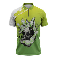 Personalized Skull Bowling Zipper Polo Shirt with Neon Green Strike Design - Edgy Bowler Style - Wonder Print Shop