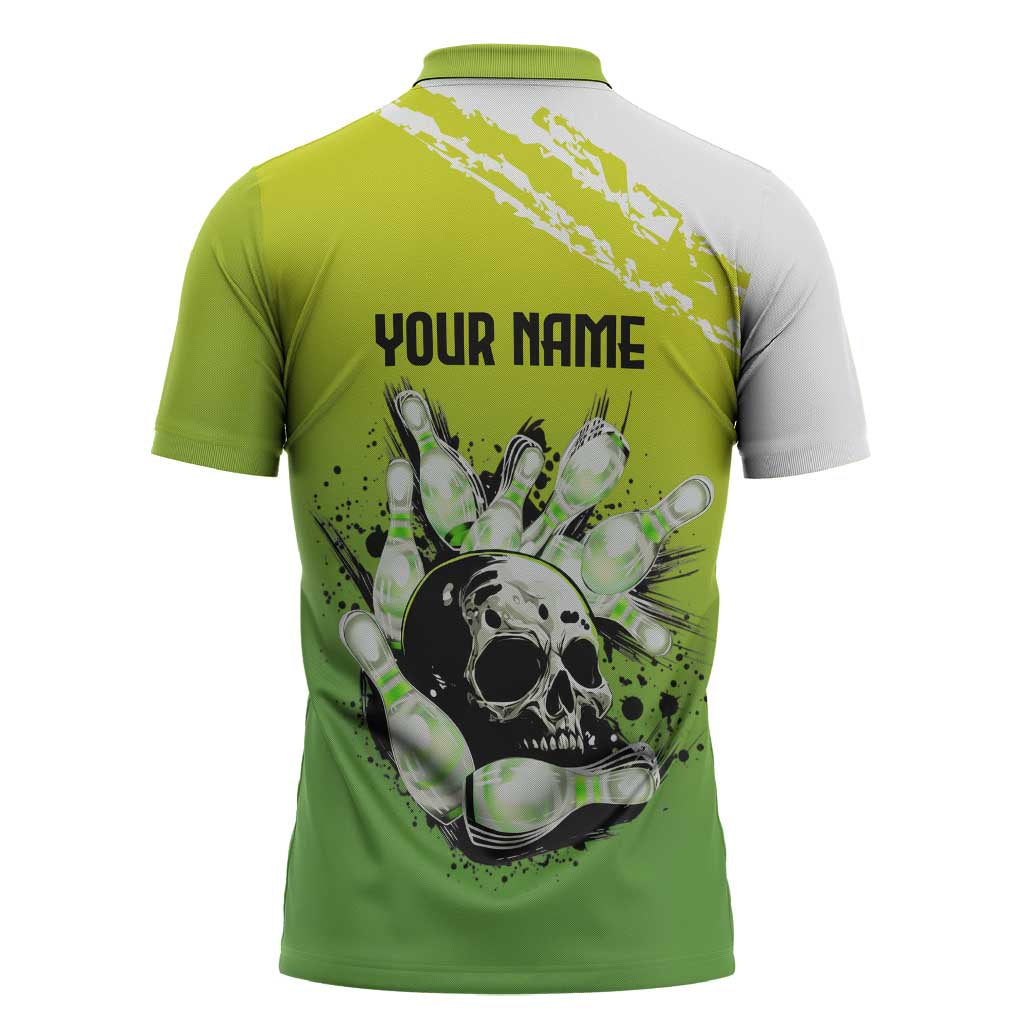 Personalized Skull Bowling Zipper Polo Shirt with Neon Green Strike Design - Edgy Bowler Style - Wonder Print Shop