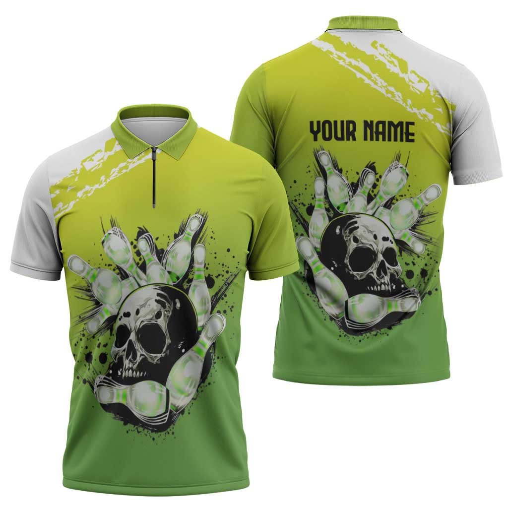 Personalized Skull Bowling Zipper Polo Shirt with Neon Green Strike Design - Edgy Bowler Style - Wonder Print Shop